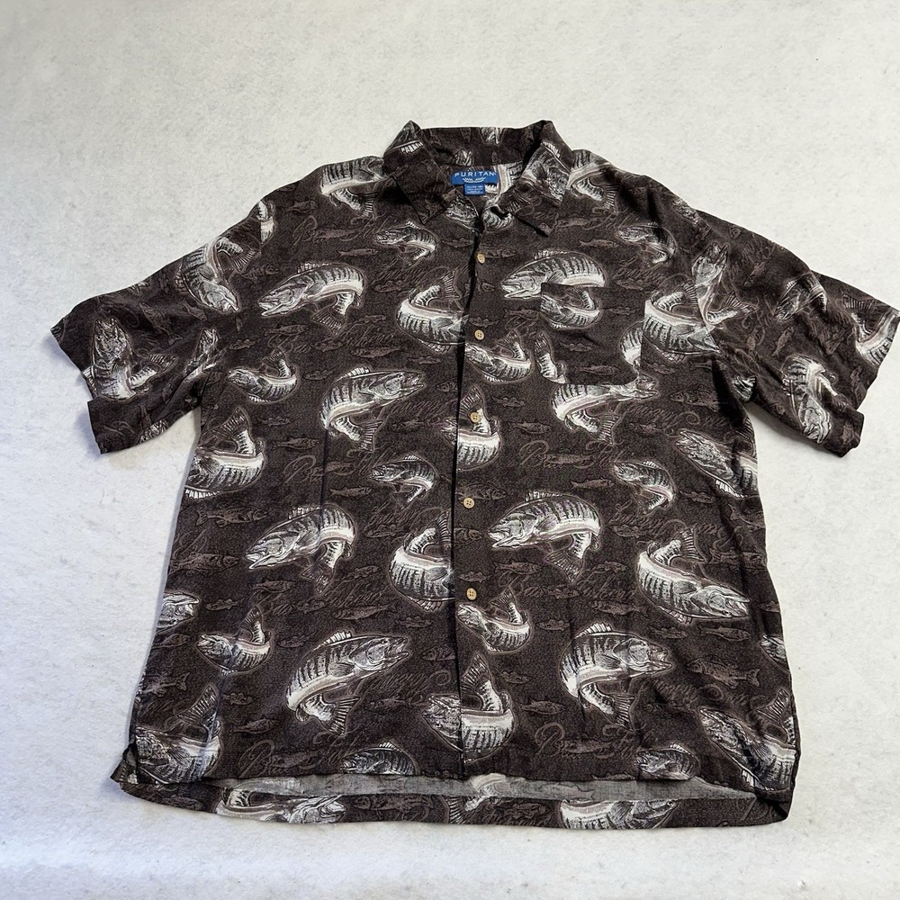 Puritan Mens XL Grizzly Brown Bass Fishing Button-Up Short Sleeve Soft